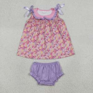 GBO0507 RTS Ensemble sans manches pour petite fille, imprimé fleurs violettes, tenues pour enfants, vente en gros - Product Image 3