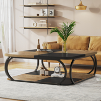Table basse carrée de 39 pouces à 2 niveaux avec rangement ouvert, structure en bois et métal, style farmhouse, noir et brun clair, meubles de salon