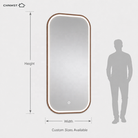 Miroir de salle de bain LED sur mesure avec cadre en bois, éclairage frontal, coins arrondis, capteur tactile, fixation murale