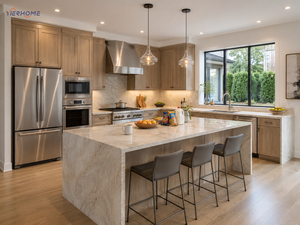 Gabinetes <span class=keywords><strong>de</strong></span> Cocina <span class=keywords><strong>de</strong></span> Lujo en Roble Americano Macizo con Caja <span class=keywords><strong>de</strong></span> Contrachapado, Isla <span class=keywords><strong>de</strong></span> Cuarzo Taj Mahal y Cajones con Cierre Suave - Product Image 1