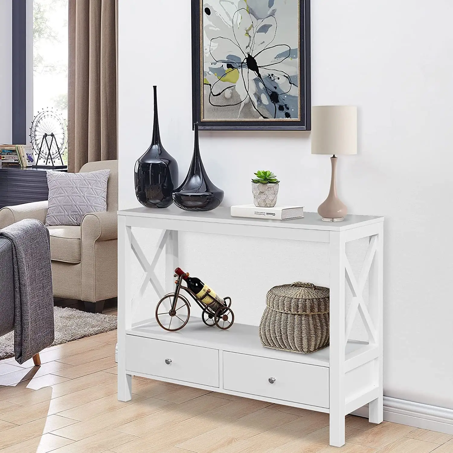 White Narrow Modern Entryway Table Two Drawers Sofa Entryway Table Good Stability Wooden Console Table