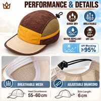 Casquette de camping personnalisée à 5 panneaux, séchage rapide, hydrofuge, UPF50+, maille respirante, cordon de serrage, pour course à pied et randonnée, vente en gros OEM ODM