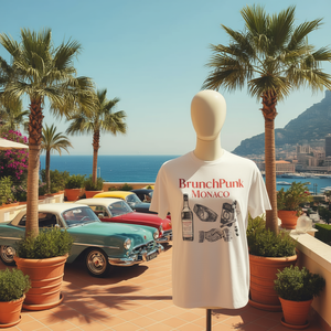 Camiseta Gráfica BrunchPunk Monaco con Ilustración Vintage de Reloj, Cámara y Dados, Estilo Retro Riviera, Oversize, Unisex, Streetwear - Product Image 3