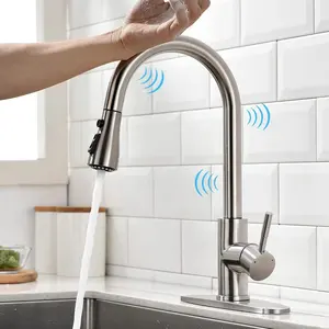 North American IAPMO Standard Water Saving UPC Stainless Steel 304 Brushed Nickel Handle Touchless Pull Put Kitchen Faucet Mixer