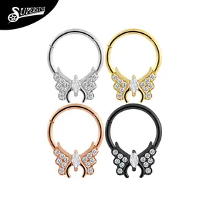 Superstar Titanium Septum Welded Butterfly Both Sides Wings Inlaid 12 Zircon Middle Marquise Shape Nose Ring Piercing Jewelry
