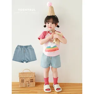 YOEHYAUL Factory NO MOQ Wholesale Elastic Waist Toddler Girls Jean Shorts Kid Cotton Solid Light Blue Little Girl Denim Shorts