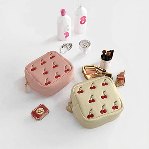 Pochette de maquillage pliable et portable, grande, durable et écologique, en polyester, avec fermeture éclair brodée cerise, pour cosmétiques et monnaie - Product Image 3