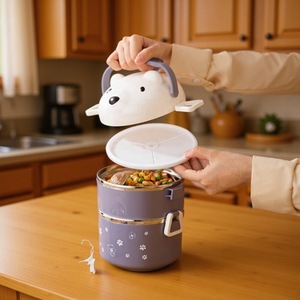 กล่องเบนโตะลายการ์ตูนหมี กล่องอาหารกลางวันสแตนเลสแบบซ้อนได้พร้อมช่องเก็บของ ป้องกันการรั่วซึม ดีไซน์ลึกขึ้นสำหรับนักเรียน - Product Image 4