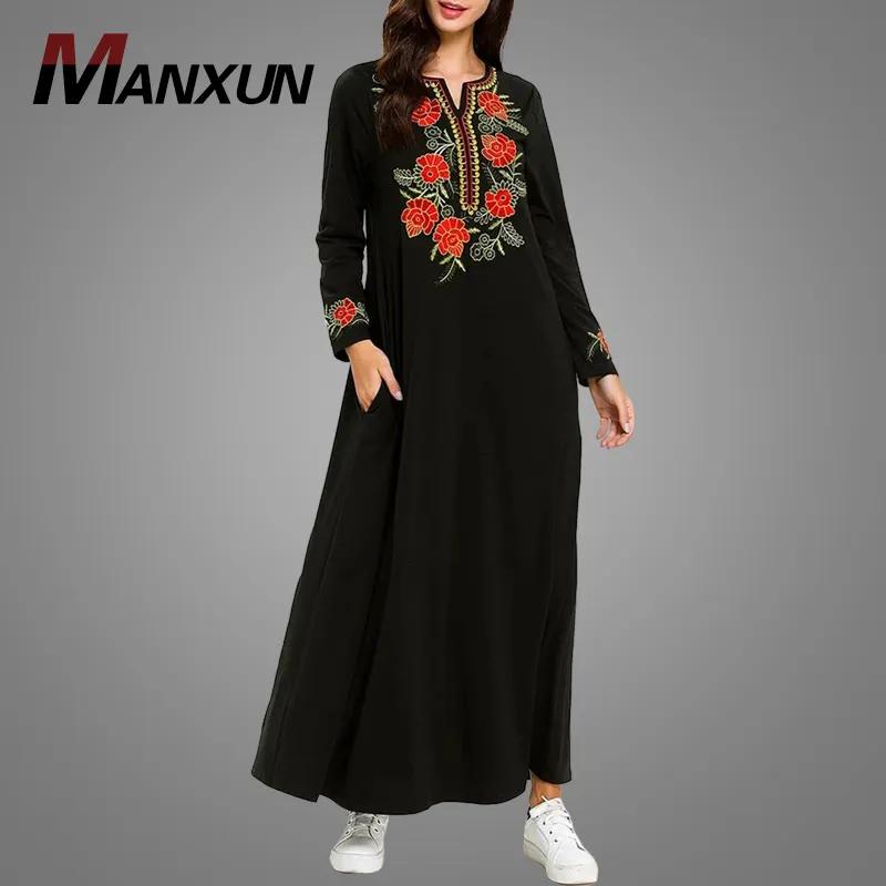 India & Pakistan Clothing Hibiscus Embroidered Abaya Black Dress Dubai Jilbab Muslim Soft Wear