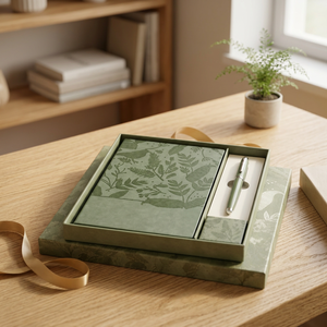 Coffret cadeau carnet et stylo à fleurs en relief vert sauge, boîte en cuir PU - Product Image 3