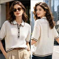 Pull en maille pour femme avec bordure contrastante, manches classiques, coupe ample, respirant, anti-plis, séchage rapide, décontracté, pour le golf, avec boutons