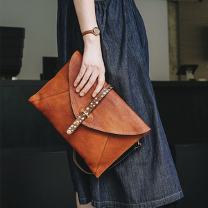 Italian Handcrafted Vintage Style Top Grain Cowhide Leather Studded Clutch Flap Style Medium Envelope <b>Bag</b> Brown 7 Inch - Product Image 1