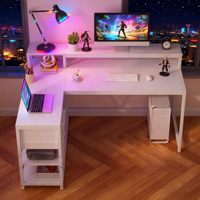 Bureau en L avec tiroirs et étagères de rangement, bureau d'angle en L pour bureau à domicile avec support pour écran, bureau de jeu de 55 po x 24 po