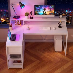 <span class=keywords><strong>Escritorio</strong></span> en Forma de L con Cajones y Estantes de Almacenamiento, <span class=keywords><strong>Escritorio</strong></span> Esquinero en L para Oficina en Casa con Soporte para Monitor, <span class=keywords><strong>Escritorio</strong></span> para Juegos de 55 x 24 Pulgadas - Product Image 2