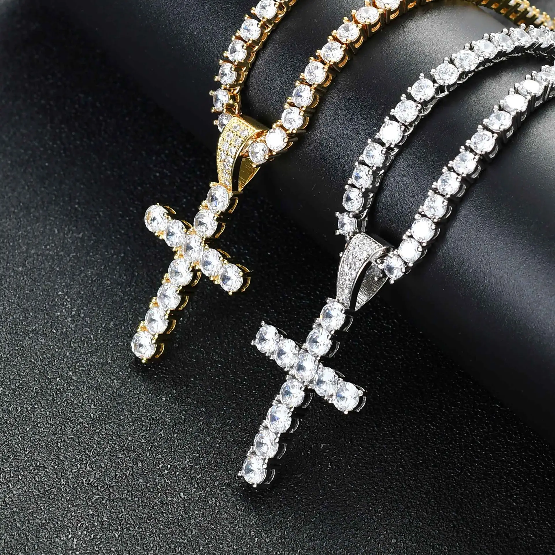 Fashion Gold Plated Stainless Steel CZ Crystal Diamond Cross Pendant men's Necklace Women