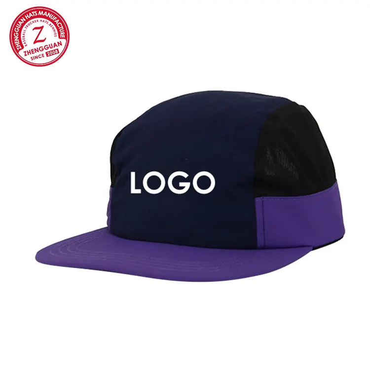 Logo personalizzato ricamato a 5 pannelli in cotone con disegno piatto Hip Hop cappello da camionista in Mesh cappellini da Baseball Snapback
