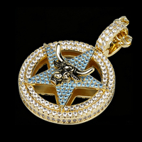 Pendentif Tête de Taureau Pentagramme Sertie de Diamants CZ Bleus et Blancs en Argent 925, Breloque Taureau Étoile Circulaire, Bijoux Hip Hop Rap pour Hommes