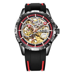 Reloj mecánico automático LIGE Skeleton para hombre, resistente al agua hasta 10 bar, caja de acero inoxidable, correa de silicona de 43mm, reloj deportivo - Product Image 1