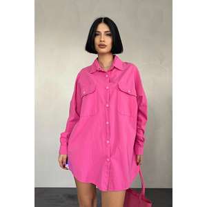 Camisa de Popelina Extra Grande para Mujer, Color Fucsia, con Bolsillos Dobles y Diseño de Botones, para Uso Diario - Product Image 3