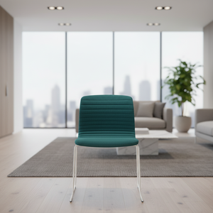 Chaise de réunion moderne VAGHI, dossier blanc en tissu, structure en bois, base en métal noir type traîneau - Product Image 5