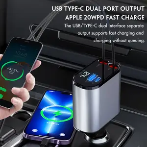 Fast Retractable Car Charger USB C Car Charger Fast Charge 120W 2 Retractable Cables And USB Port Car Charger Adapter