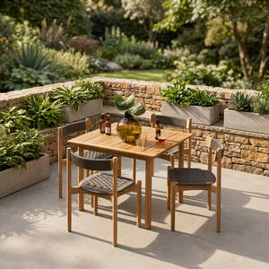 Ensemble de table de jardin en teck d'extérieur avec chaises tressées, mobilier de salle à manger pour patio, sièges en bois pour balcon - Product Image 1