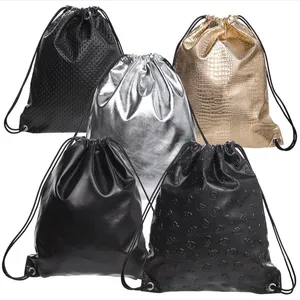 Su geçirmez yumuşak yanardöner PU İpli sırt çantası holografik gümüş spor ipli çanta kızlar için