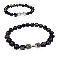 Nouveau Bracelet Bijou Perles Breloques Haltères Géométriques Gravées à la Main en Pierre d'Agate Noire Écologique, Vente Chaude Transfrontalière