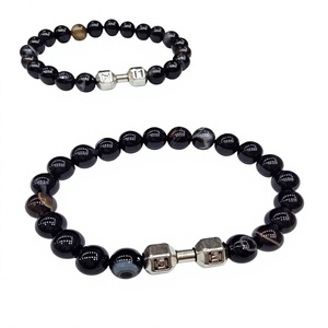 Nouveau Bracelet Bijou Perles Breloques Haltères Géométriques Gravées à la Main en Pierre d'Agate Noire Écologique, Vente Chaude Transfrontalière - Product Image 1