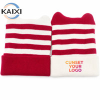 Chapeau en tricot à rayures rouges et blanches avec logo personnalisé OEM, chapeau en peluche pour fille, chapeau chaud tendance pour l'automne et l'hiver avec oreilles de chat mignonnes