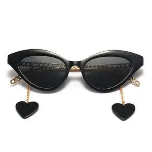 Einzigartige Liebe Herz kette Cat Eye Sonnenbrille für Frauen New Metal Luxusmarke Black Sun glass Female Elegant Shades With Chain