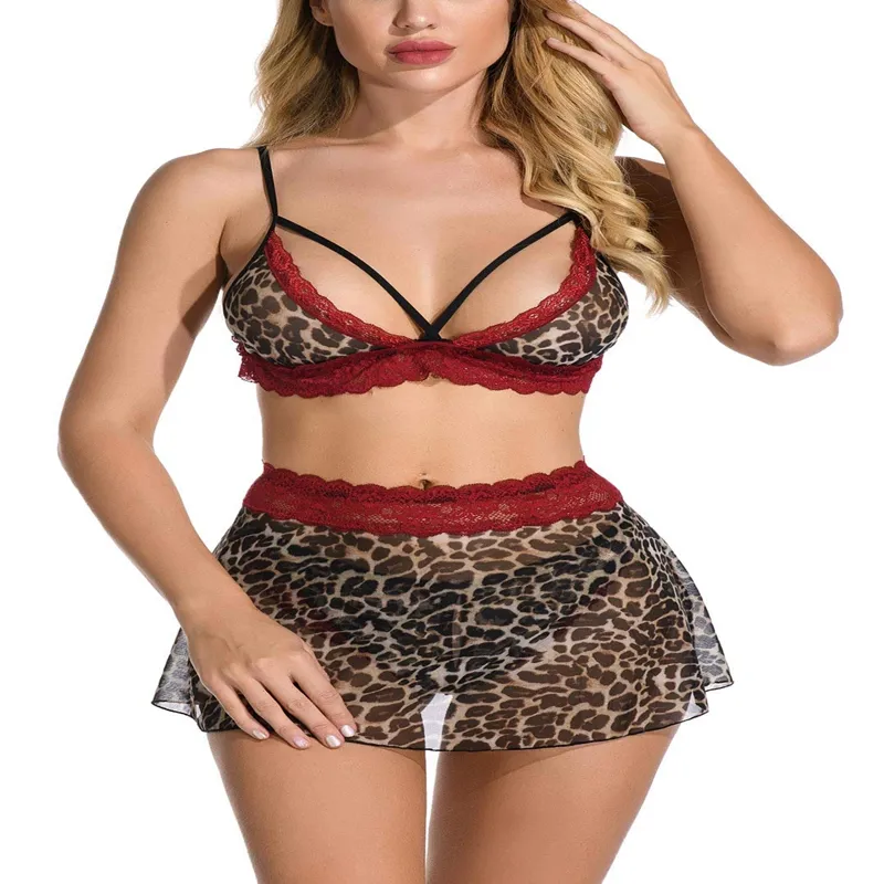 Ensemble de Lingerie Sexy pour femmes, 1 pièce, soutien-gorge, Mini-jupe avec string en tulle et dentelle