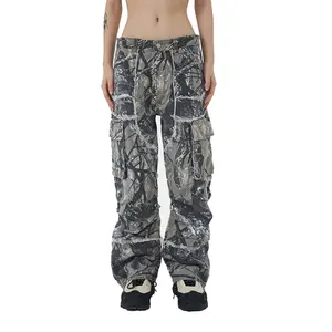 Custom Logo Loose Fit Distressed Cotton Camo Trousers All Over Print Tree Camo Cargo Pant