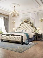 Ensemble de lit de luxe royal européen classique en bois massif et cuir véritable avec rangement pour hôtel et villa