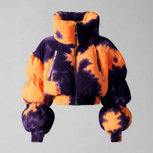 CLOVIX SPORT <b>Tie</b> Dye Quilted Jacket Women's Winter Coat <b>Purple</b> Orange Puff Sleeve Pillow Collar Zipper Closure Short Length - Product Image 1