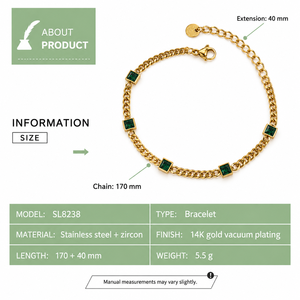 สร้อยข้อมือสี่เหลี่ยมสีเขียวประดับเพชรซิร์คอน โซ่สเตนเลสสตีลชุบทอง 14K แบบสุญญากาศ ปรับขนาดได้ พร้อมตัวล็อกแบบก้ามปู - Product Image 3