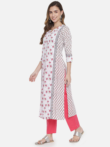 Ensemble Kurti pour femme en coton à imprimé floral fait main, avec bordure contrastante, manches trois quarts, coupe classique, robe de soirée - Product Image 5
