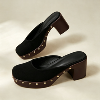 Chaussures Sabots Femme Marron en Faux Daim à Bout Carré, Ornées de Clous Dorés, à Plateforme et Talon Carré Épais, à Enfiler, Personnalisables