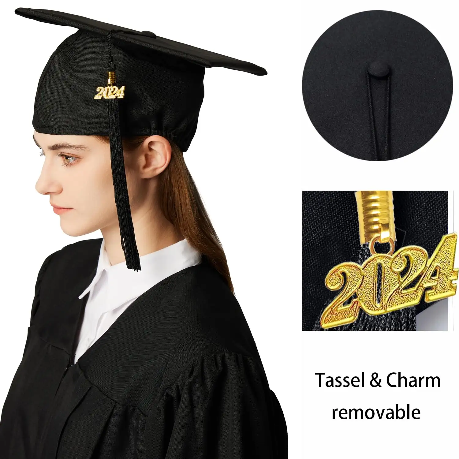 2024タッセルユニセックス大人高校学士マスタープリントカスタムロゴ刺繍付き昇華ブランクマット卒業キャップ