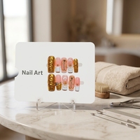 Ongles artificiels en amande faits à la main, sculptés en 3D, couvrants, avec colle, 10 pièces, rose doré floral