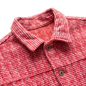 Trendy Custom Red <strong>White</strong> Plaid Textured Tweed <strong>Boucle</strong> Button up Drop Boxy Fit Retro Streetwear Men's Outerwear Trucker <strong>Jacket</strong> - Product Image 3