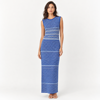 Robe maxi en tricot rayée bleu royal pour femmes, col rond, sans manches, coupe ajustée, OEM ODM