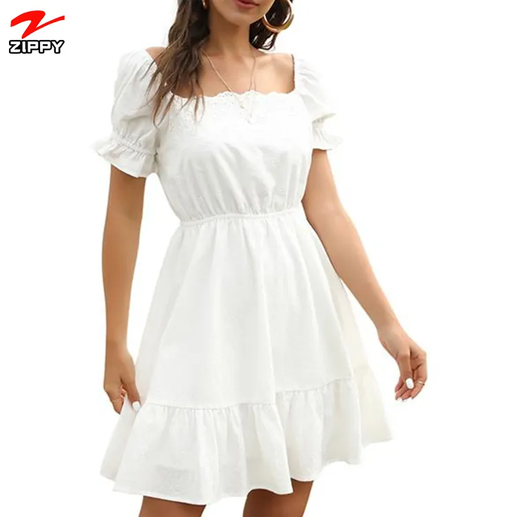 Elegante trend ige benutzer definierte Frauen weiße Boutique hohe Taille niedlichen quadratischen Kragen Puff Ärmel Kleid
