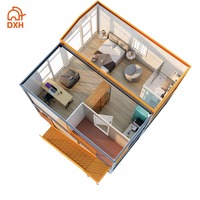 Maison préfabriquée en conteneur DXH personnalisée à 2 étages, villa de vacances, hôtel, cabane de plage, camping, avec 2 chambres, cuisine, toilettes