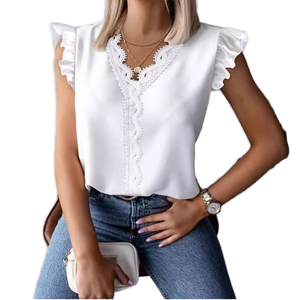 Chemisier blanc sans manches pour femme, col en V, avec volants et bordure en dentelle, élégant, printemps-été, en coton, coupe classique - Product Image 1