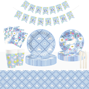 DAMAI Easter Themed Tableware Set Disposable Dessert Plates Bunny Flowers Paper Plate Napkins for Easter Indoor Decorations - Product Image 1