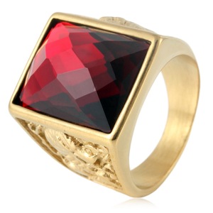 Yunnique – bague en acier inoxydable pour femmes, bijoux de fête avec pierres précieuses rouges géométriques - Product Image 1