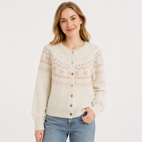 Cardigan en tricot jacquard à blocs de couleur florale de style coréen, col rond, coupe ample, court, doux, automne, 100% polyester, manches longues pour femmes