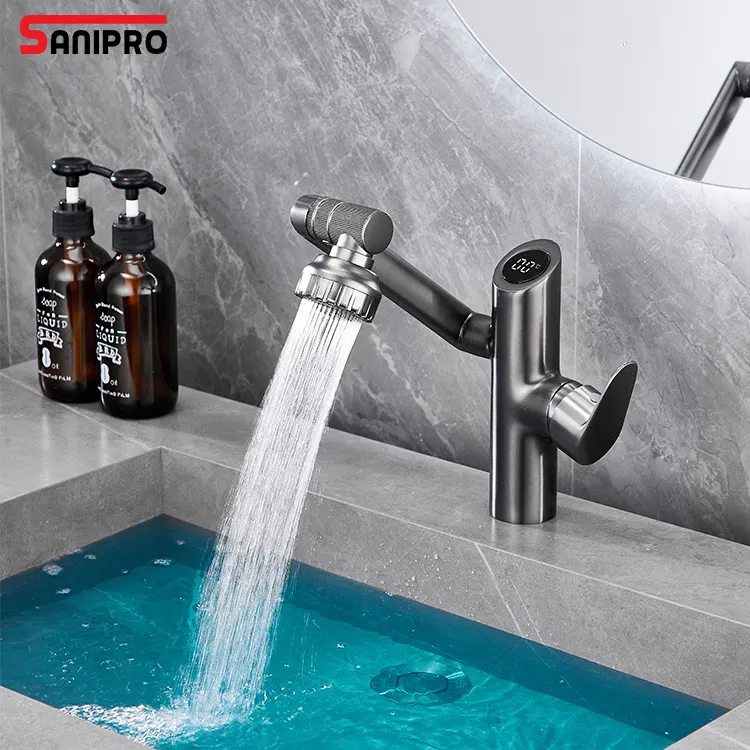 SANIPRO çok fonksiyonlu mekanik Rocker banyo evye su musluğu mikser akıllı LED dijital ekran serbest rotasyon havza musluklar