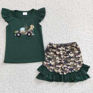ขายส่งชุดเซ็ตเสื้อผ้าเด็กผู้หญิงลายพรางต้นไม้, เสื้อแขนกุดลายพรางพร้อมกางเกงขาสั้นระบาย, ชุดลำลองสำหรับเด็กฤดูร้อน - Product Image 5
